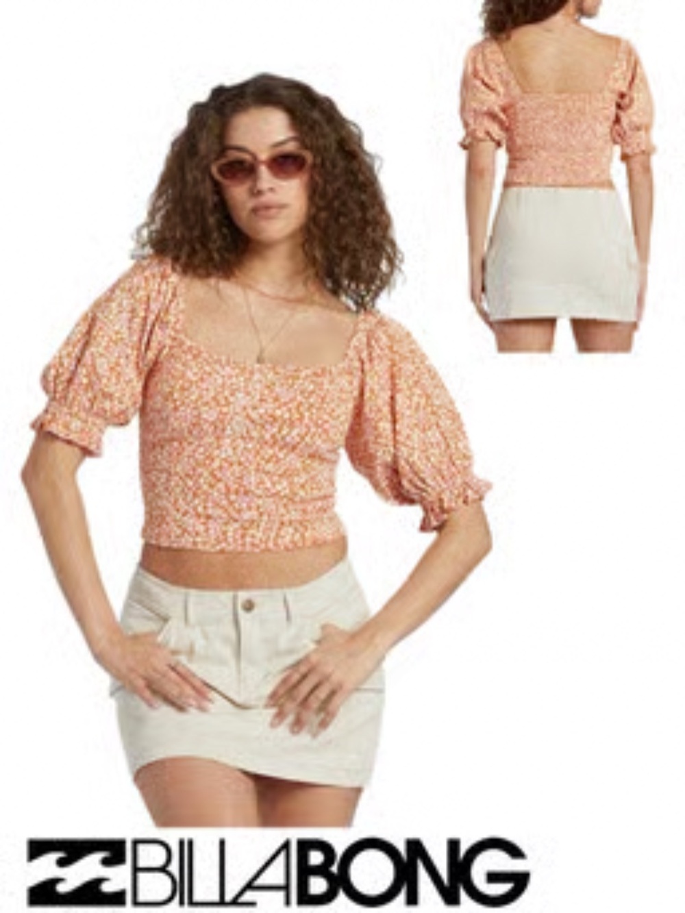 Billabong Women's Floral Puff Sleeve Square Neck Cropped Blouse Size Small